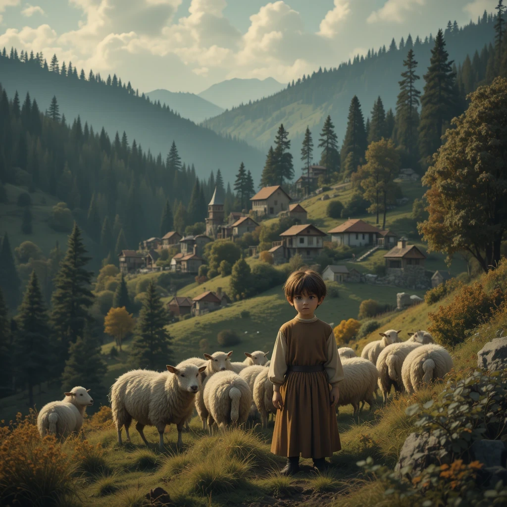 A young shepherd boy stands near his flock on a grassy hillside, looking worried as a shadowy wolf lurks at the forest’s edge. Below, the village ignores his cries, unaware of the danger. The scene captures the lesson of trust and honesty in this classic fable.