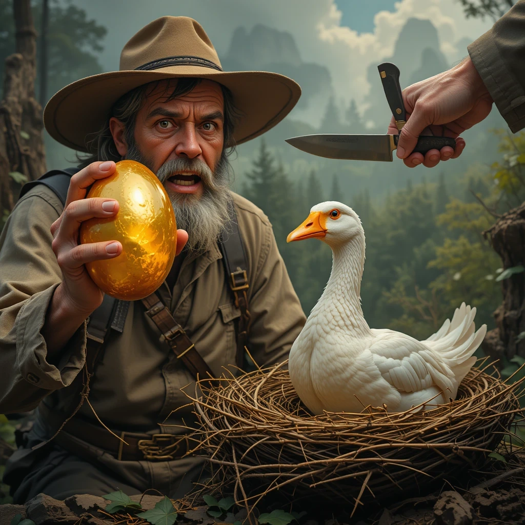 A greedy farmer holds a golden egg while eyeing his goose, unaware of the mistake he’s about to make.